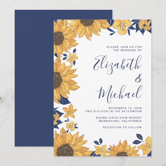 Invitación Boda de acuarela floral de girasol moderno (Anverso / Reverso)