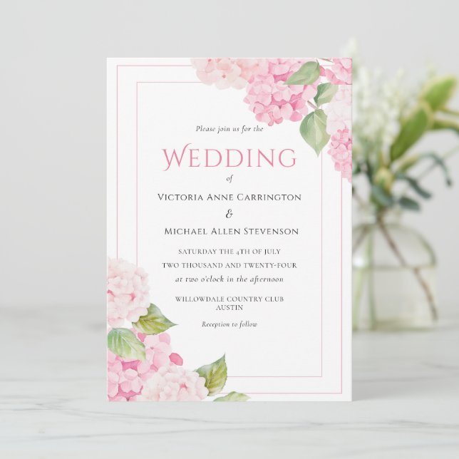 Invitación Boda de acuarela floral de Hydrangea rosa (Anverso de pie)