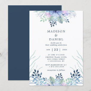 Invitación Boda de Acuarela Floral de Invierno Rústica Azul M