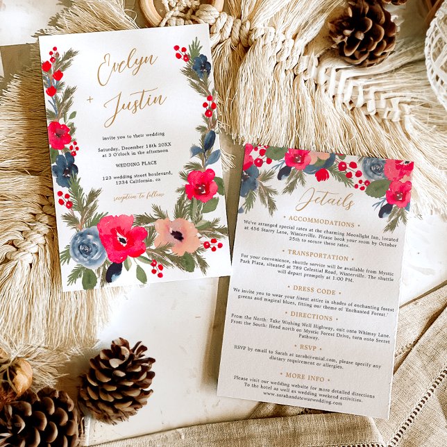 Invitación Boda de acuarela floral de invierno rústico todo e (Rustic Winter Floral Watercolor Wedding all in One Invitation)