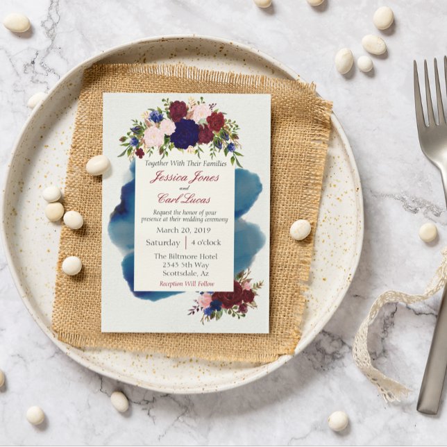 Invitación Boda de acuarela floral de la Marina de Borgoña (Subido por el creador)