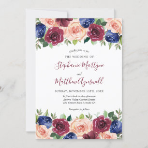 Invitación Boda de acuarela floral de la Marina de Borgoña de
