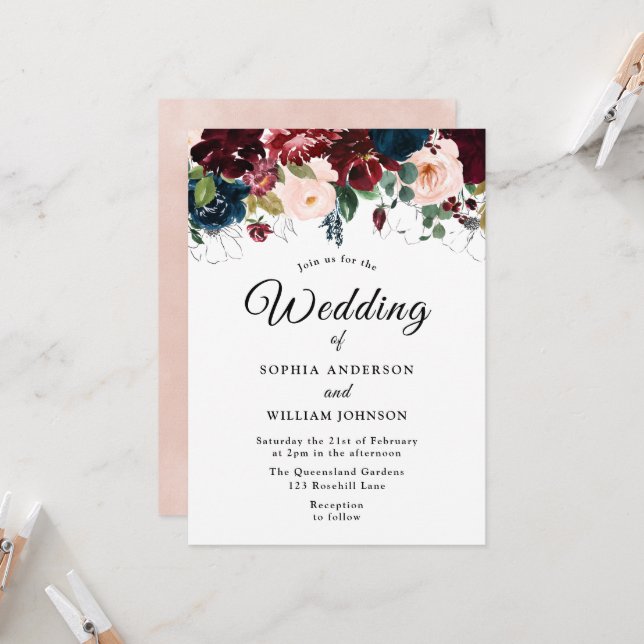 Invitación Boda de acuarela floral de la Marina de Borgoña de (Anverso/Reverso In Situ)