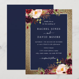 Invitación Boda de acuarela floral de la Marina de Borgoña de