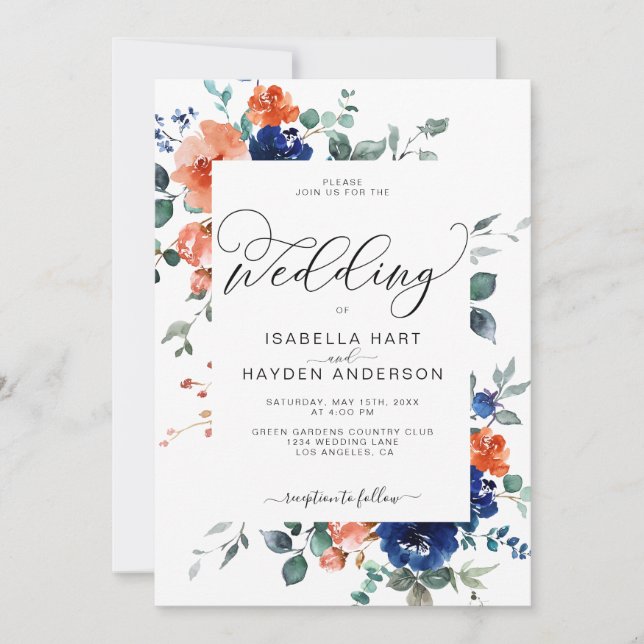 Invitación Boda de acuarela floral de la Marina Naranja quema (Anverso)