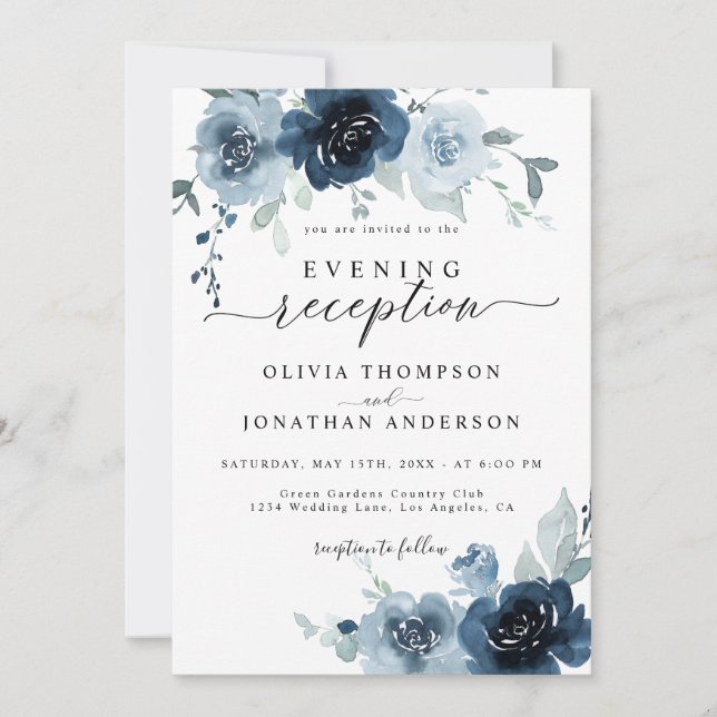 Invitación Boda de acuarela floral de la Marina Oscura Dusty  (Anverso)
