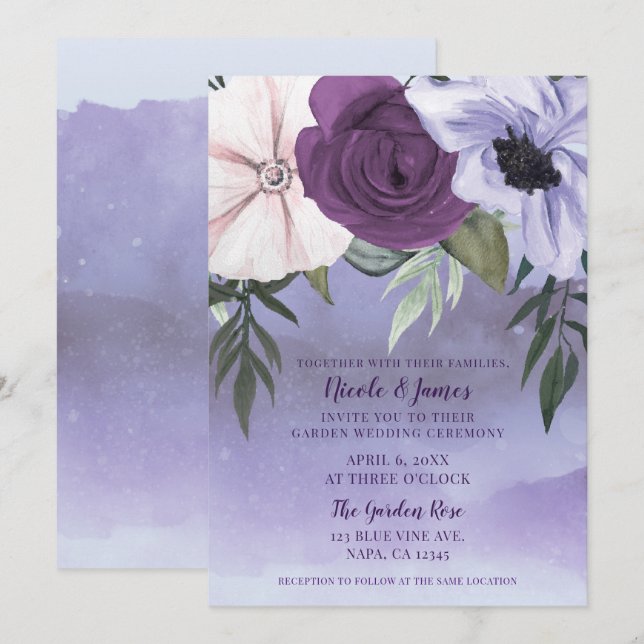Invitación Boda de acuarela floral de lavanda púrpura moderna (Anverso / Reverso)