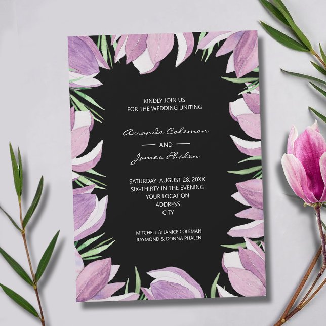 Invitación Boda de acuarela floral de magnolia morada (Elegant purple and white magnolias wedding invitations - INSTANT DOWNLOAD and/or PRINTED)