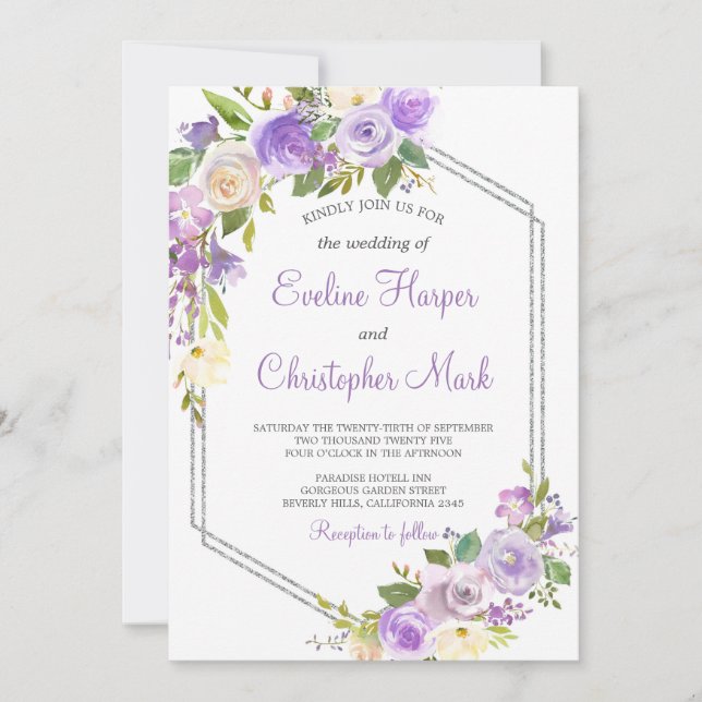 Invitación Boda de acuarela floral de marco morado y plateado (Anverso)