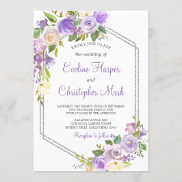 Invitación Boda de acuarela floral de marco morado y plateado