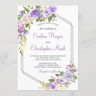Invitación Boda de acuarela floral de marco morado y plateado