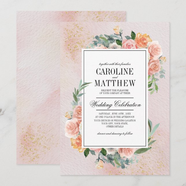 Invitación Boda de acuarela floral de marfil rosado de Rubor (Anverso / Reverso)