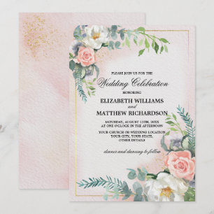 Invitación Boda de acuarela floral de marfil rosado de Rubor