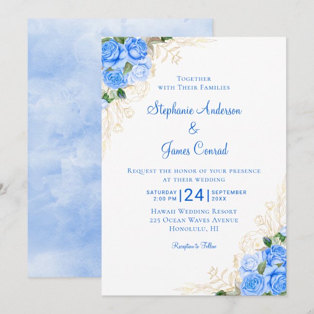 Invitación Boda de acuarela floral de oro azul (Anverso / Reverso)