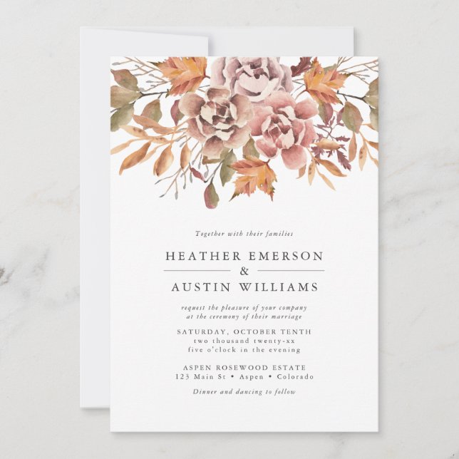 Invitación Boda de Acuarela Floral de Otoño (Anverso)