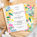 Invitación Boda de acuarela floral de país brillante<br><div class="desc">Audaz invitación a una boda floral y florida al aire libre,  con un brillante y vibrante ramo de color rosa,  amarillo,  verde floral y acuático,  perfecto para una ceremonia de boda en verano.</div>