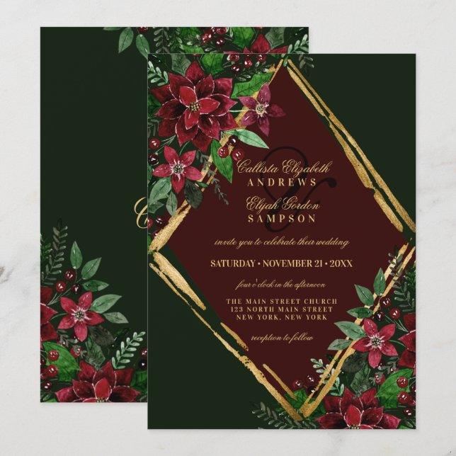 Invitación Boda de acuarela floral de poinsettia de oro de Bo