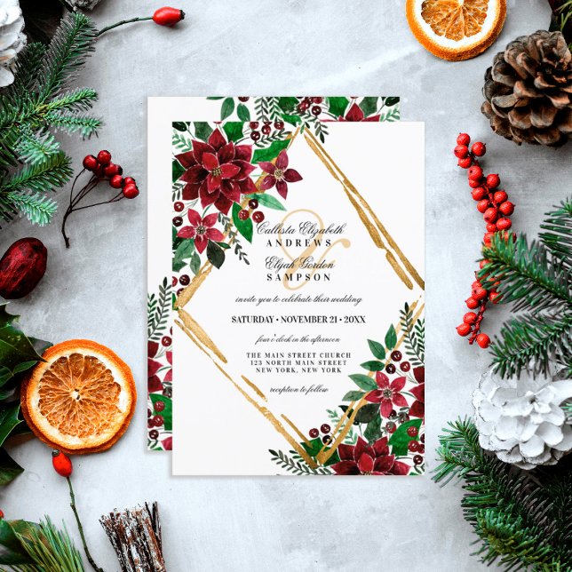 Invitación Boda de acuarela floral de poinsettia de oro de Bo (Subido por el creador)