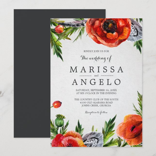 Invitación Boda de acuarela floral de Red Poppies | Gris haci (Anverso / Reverso)