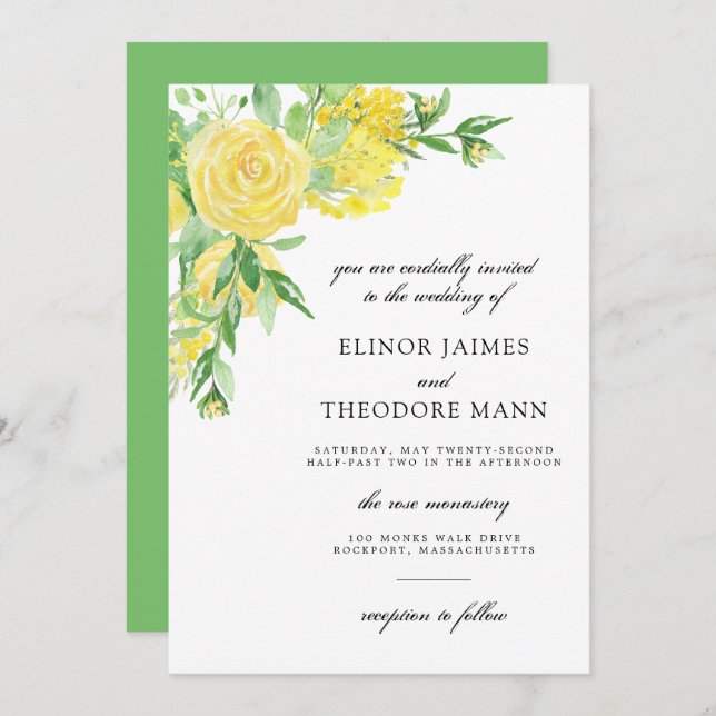 Invitación Boda de acuarela floral de rosa amarillo (Anverso / Reverso)