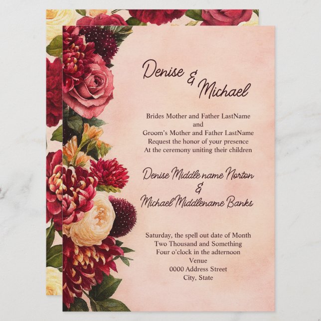 Invitación Boda de acuarela floral de Rubor Burgundy (Anverso / Reverso)