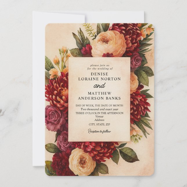 Invitación Boda de acuarela floral de Rubor Burgundy (Anverso)