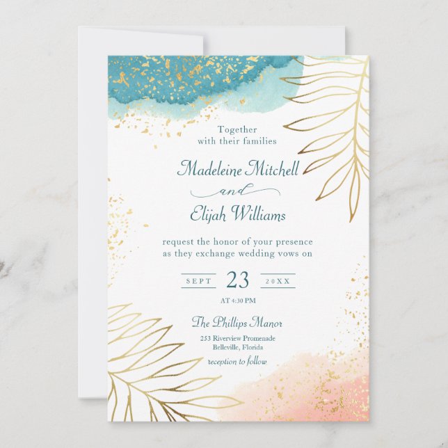 Invitación Boda de acuarela floral de Rubor Gold moderno (Anverso)