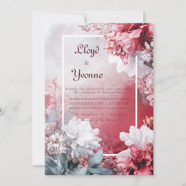 Invitación Boda de acuarela floral de Rubor y Crimson (Anverso)