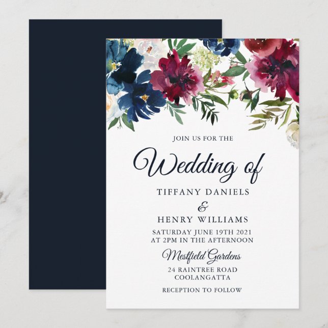 Invitación Boda de acuarela floral de vino rojo de Marina y B (Anverso / Reverso)