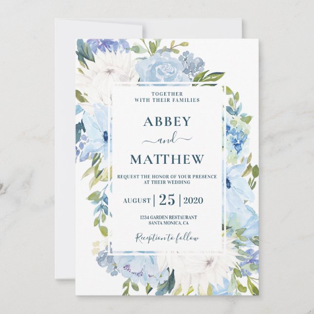 Invitación Boda de acuarela floral Dusty Blue (Anverso)