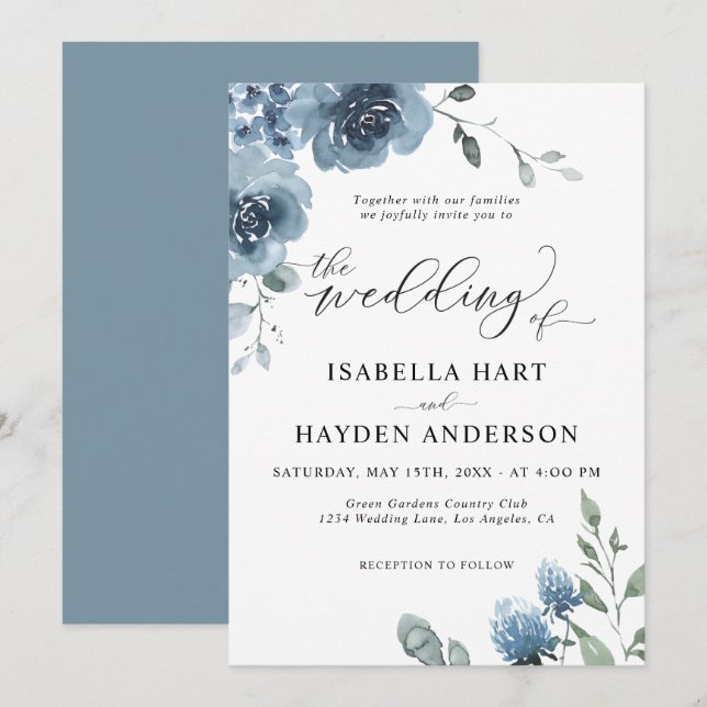 Invitación Boda de acuarela floral Dusty Blue Slate (Anverso / Reverso)