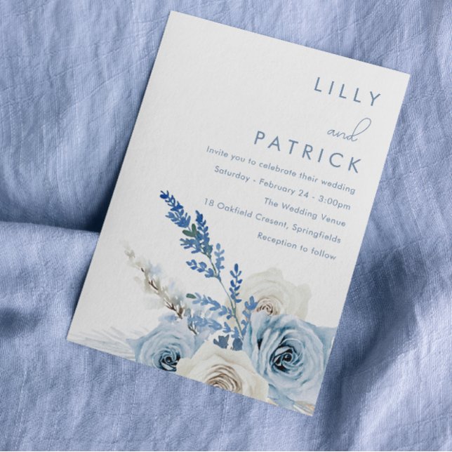 Invitación Boda de acuarela floral Dusty Blue & White Boho (Subido por el creador)