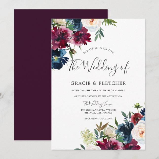 Invitación Boda de acuarela floral elegante de Marina y Borgo (Anverso / Reverso)