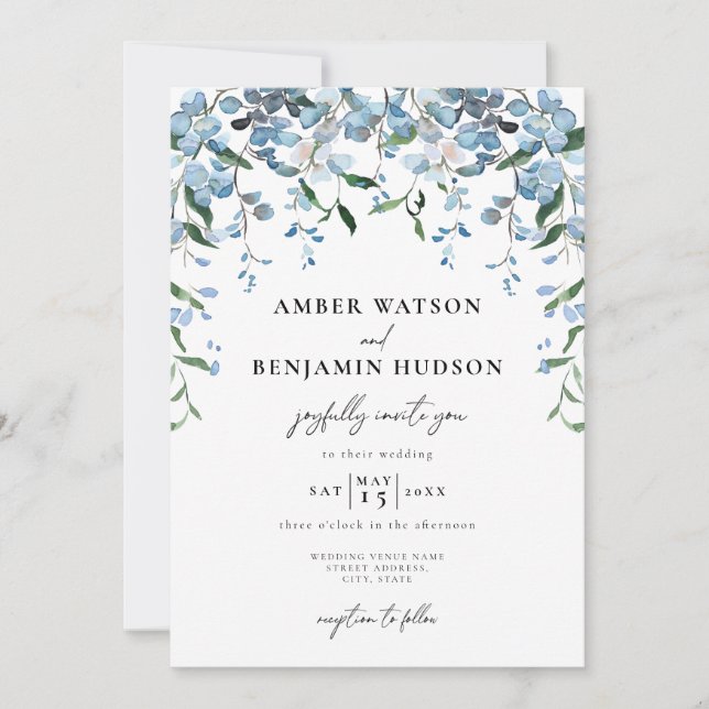 Invitación Boda de acuarela floral elegante y azul turbio (Anverso)