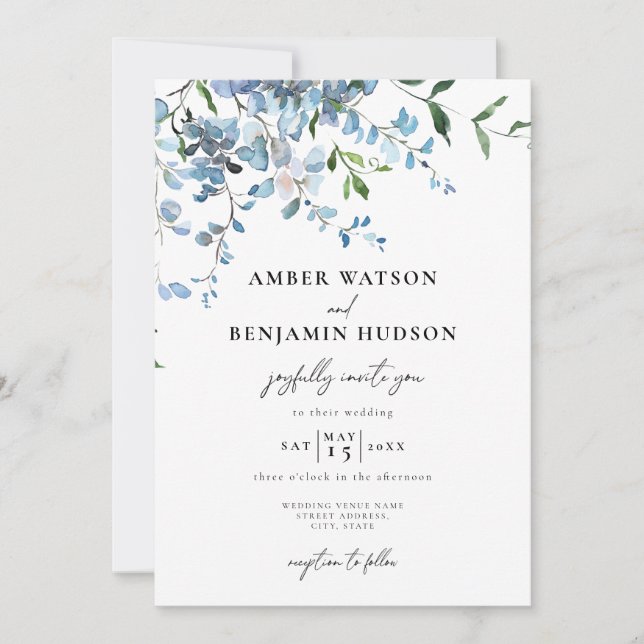 Invitación Boda de acuarela floral elegante y azul turbio (Anverso)