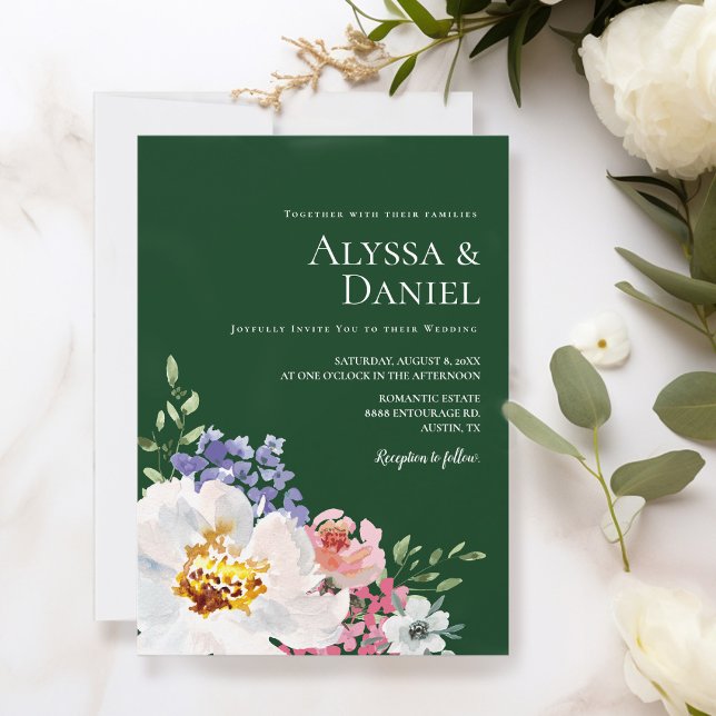 Invitación Boda de acuarela floral Emerald Green Bold (trendy emerald green, vibrant, bold floral blooms wedding invitation template.)