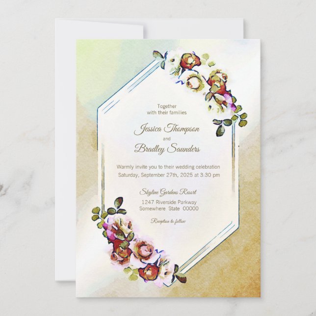 Invitación Boda de acuarela floral geométrica de Borgoña (Anverso)