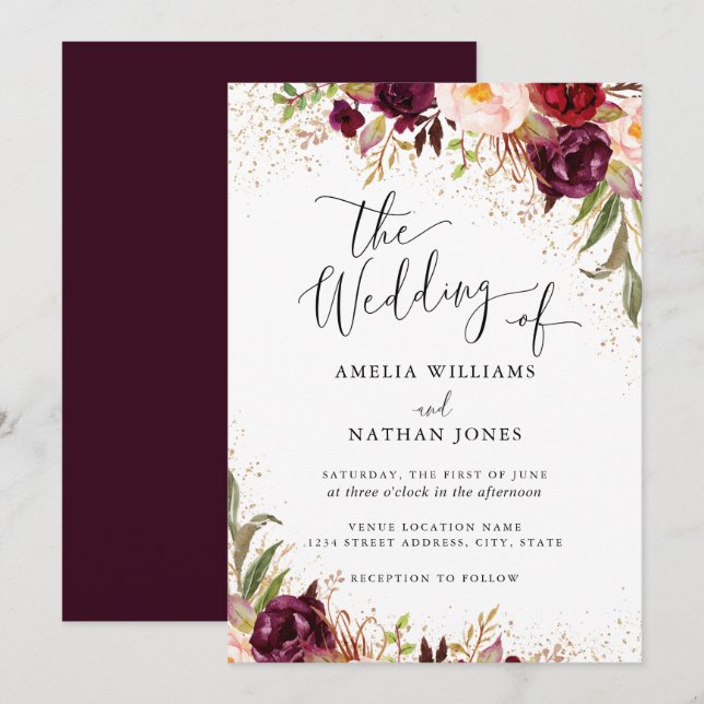 Invitación Boda de acuarela floral Gold Dust Burgundy (Anverso / Reverso)