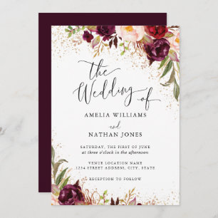Invitación Boda de acuarela floral Gold Dust Burgundy