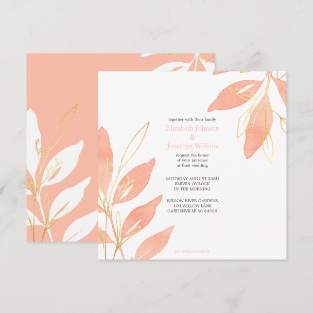Invitación Boda de acuarela floral Golden Peach (Anverso / Reverso)