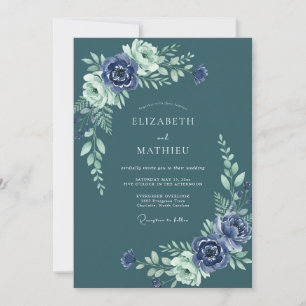 Invitación Boda de Acuarela Floral Índigo Turquesa