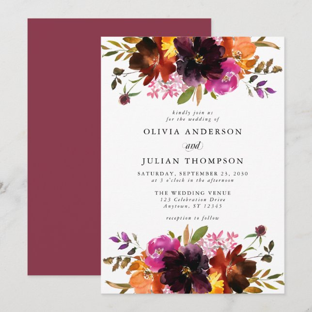 Invitación Boda de acuarela floral marrón Naranja rosa otoño (Anverso / Reverso)