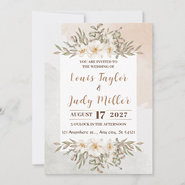 Invitación Boda de acuarela floral marrón y crema (Anverso)