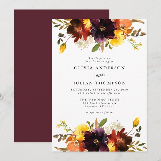 Invitación Boda de acuarela floral marrón y Naranja otoño Inv (Anverso / Reverso)