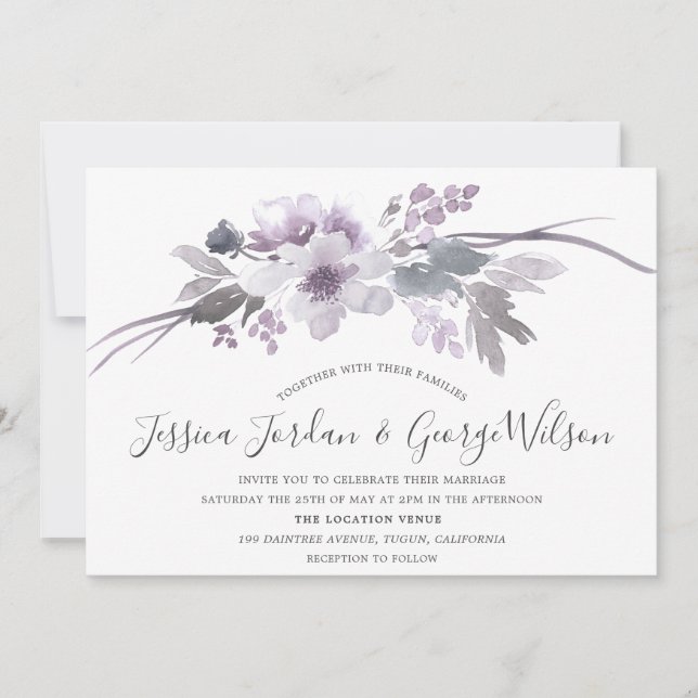 Invitación Boda de acuarela floral moderna y gris de invierno (Anverso)