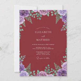 Invitación Boda de Acuarela Floral Morado Granate