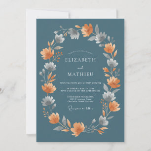 Invitación Boda de Acuarela Floral Naranja Azul Acero