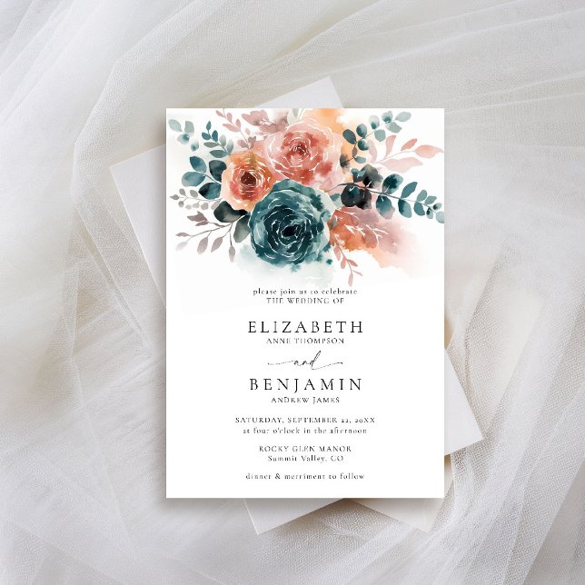 Invitación Boda de acuarela floral Naranja quemado Verde azul (fall wedding invitation teal burnt orange terracotta watercolor floral botanical earthy nature chic)