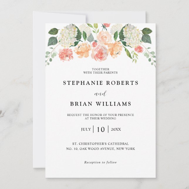 Invitación boda de acuarela floral naranja rosa Rubor (Anverso)