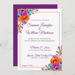 Invitación Boda de acuarela floral Naranja turquesa púrpura